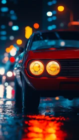 Red classic car front shows headlights on wet city street