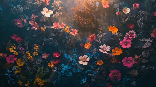 Nocturnal Bloom: Ethereal Flowers Dance in Golden Light.