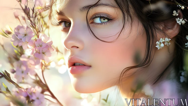 Hyperreal floral portrait with pastel bokeh and soft sunlight