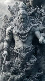 Stone warrior deity emerges from dense swirling ash clouds