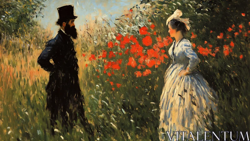 Impressionist oil study of two figures in dense sunlit meadow