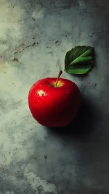 Red apple rests on textured slate in moody side light.