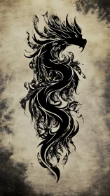 Stylized black dragon silhouette coils over grunge parchment