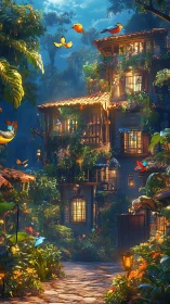 Firefly windows and bird-bright gardens in twilight bloom.