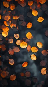 Golden autumn leaves quietly orbit across midnight water