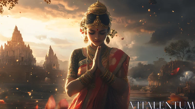 Divine-inspired Indian woman in prayer before ancient temples.