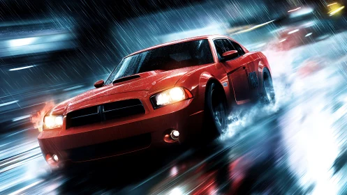 Red sports car surges through neon rain on a slick night street
