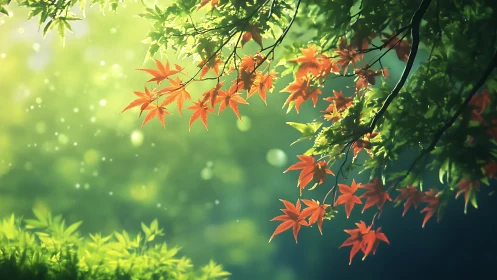 Red and green maple foliage against soft forest bokeh background.