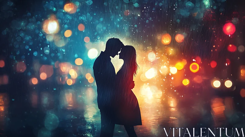 Silhouetted couple kissing amid bokeh-blurred rain and city light reflections