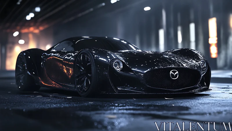 Sleek Mazda concept car glowing under moody city lights.