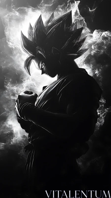 Silhouetted warrior powers up amid swirling cosmic smoke