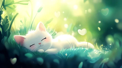 Serene White Cat Resting in Sunlit Garden with Bokeh Particles