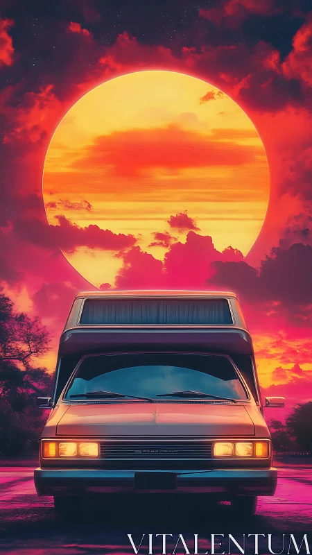 Retro camper van under oversized sunset sky panorama.