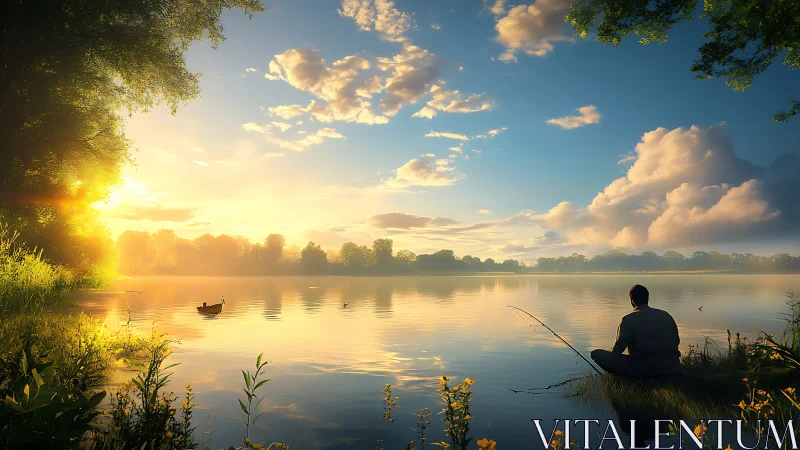 Golden sunrise lake fishing with peaceful morning glow.