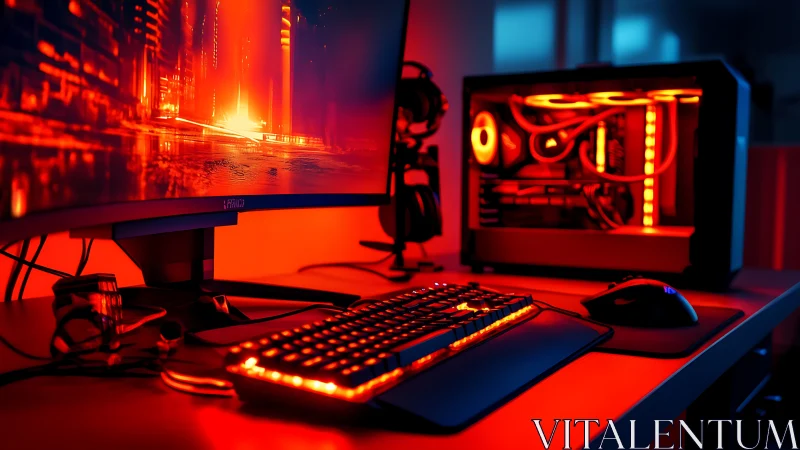 RGB gaming PC workstation glows with vivid red lighting