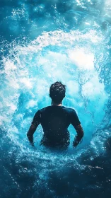 Backlit swimmer descends into cyan surf from aerial view