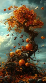 Golden autumn tree cradles glowing pumpkins in swirling wind