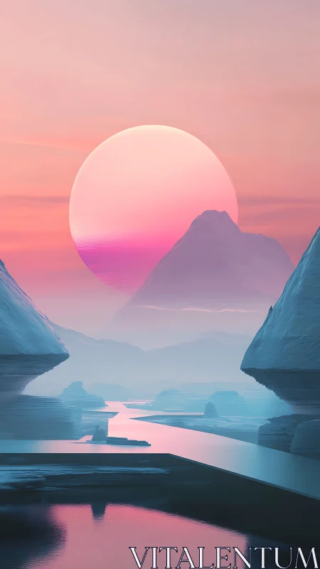 Pastel alien sunrise over icy canyon and winding river