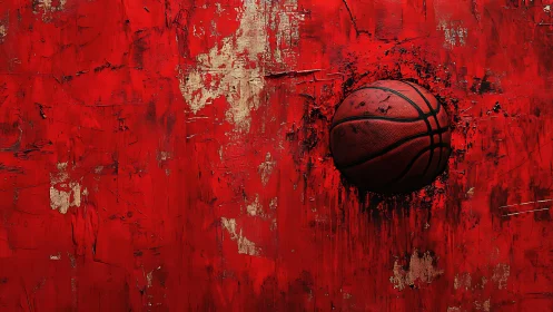 Textured red abstract wall with embedded worn basketball surface
