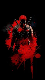 Comic poster of masked antihero in red splatter silhouette.