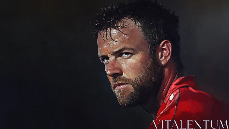 Male athlete portrait in red sportswear on dark background.