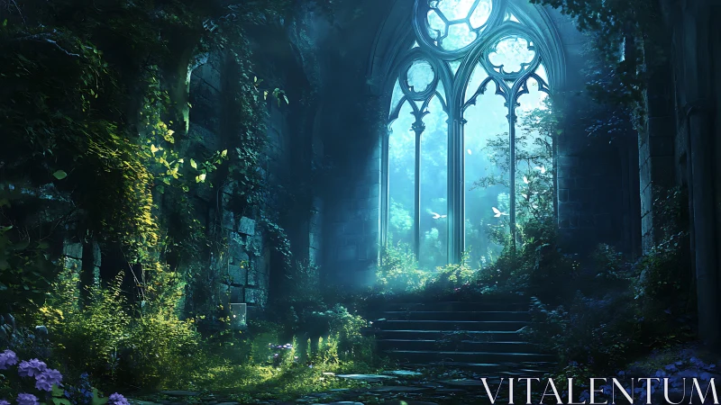 Gothic ruined hall with overgrown foliage and ethereal light