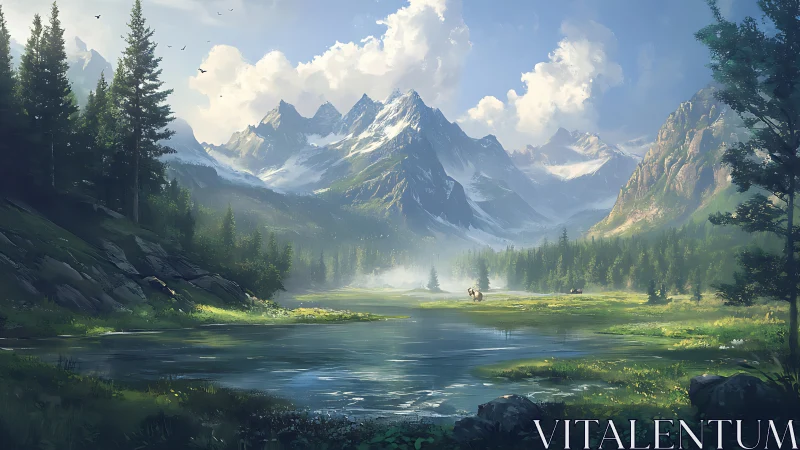 Peaceful mountain valley with calm lake and soft morning light.
