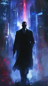 Neo-noir agent walking through neon-soaked cyber cityscape.