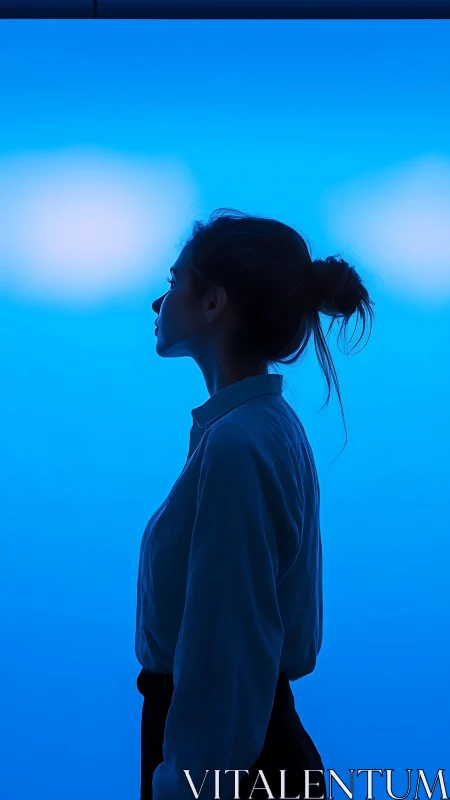 Profile silhouette of woman against luminous cyan backdrop.