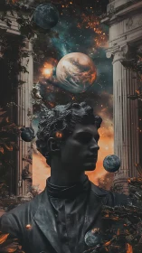 Cosmic statue stands beneath swirling planetary sky.