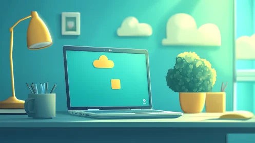 Laptop on desk in teal workspace with cloud icon screen.