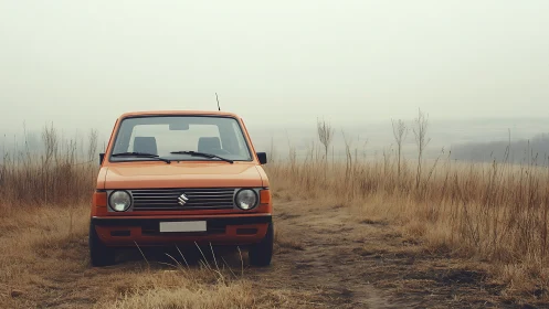 Vintage orange Suzuki parked in misty dry field landscape.