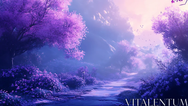 Lavender trees whisper along a misty dreamlit path