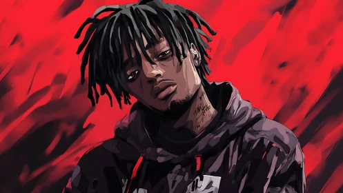 Moody hooded figure stares forward against red abstract field