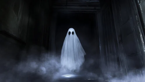 Spectral figure emerging in fog within a derelict corridor