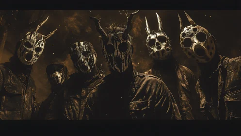 Masked metal performers stand united in dramatic haze