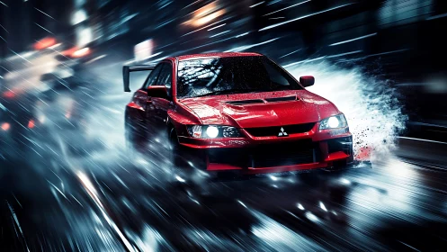 Red rally car drifts through neon-lit rain with dynamic motion blur
