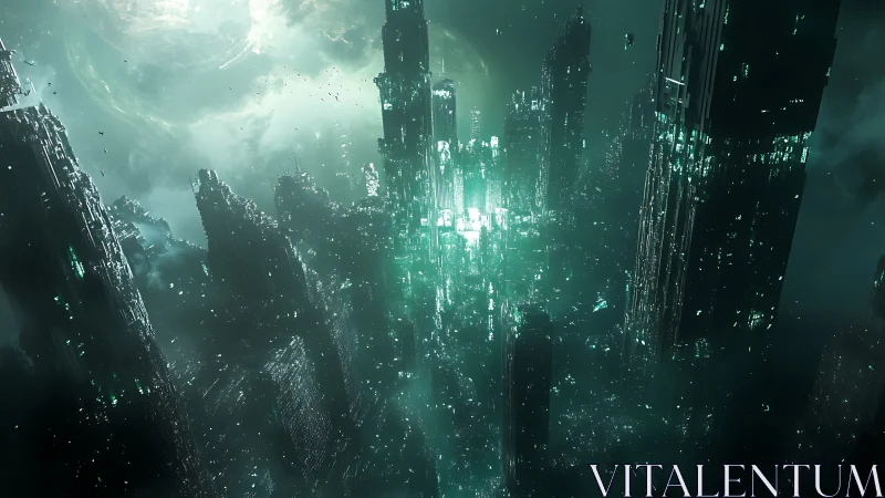 Futuristic green megacity rises amid dense atmospheric fog