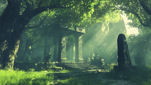 Sunlit forest ruins with carved stone temple remains.