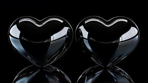 Twin glossy hearts merge in darkness, symbolizing love and connection