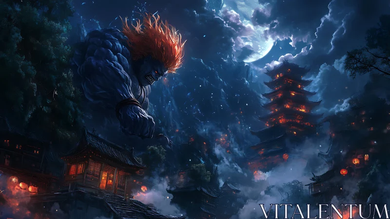 Giant blue demon attacks lantern lit mountain village at night.