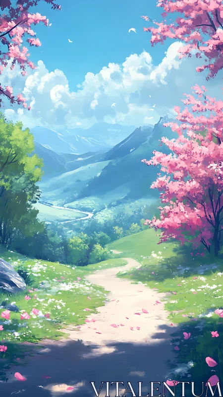 Spring mountain path under clear blue sky with blossoms.