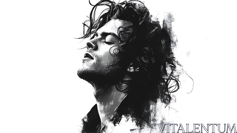 Monochrome male portrait merges ink wash and motion blur.