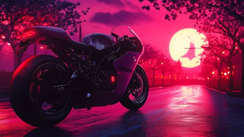 Futuristic motorcycle stands on wet street under neon moon