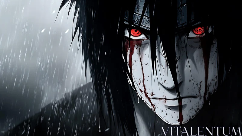 Haunting anime warrior stares ahead through stormy rain