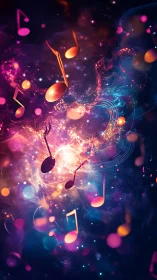 Floating musical notes traverse a dense abstract light field