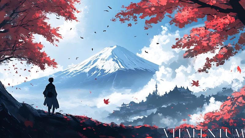 Solitary figure observes snow peak framed by red foliage