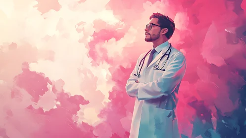 Male doctor in white coat against abstract pink backdrop.