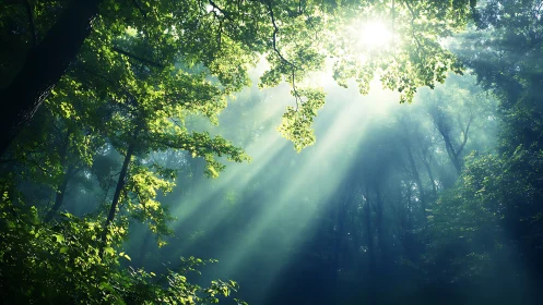 Sunlight Streaming Through Lush Green Forest Canopy, Serene Nature Scene.