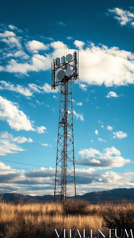 Cell tower rises over sunlit grassland beneath vivid clouds